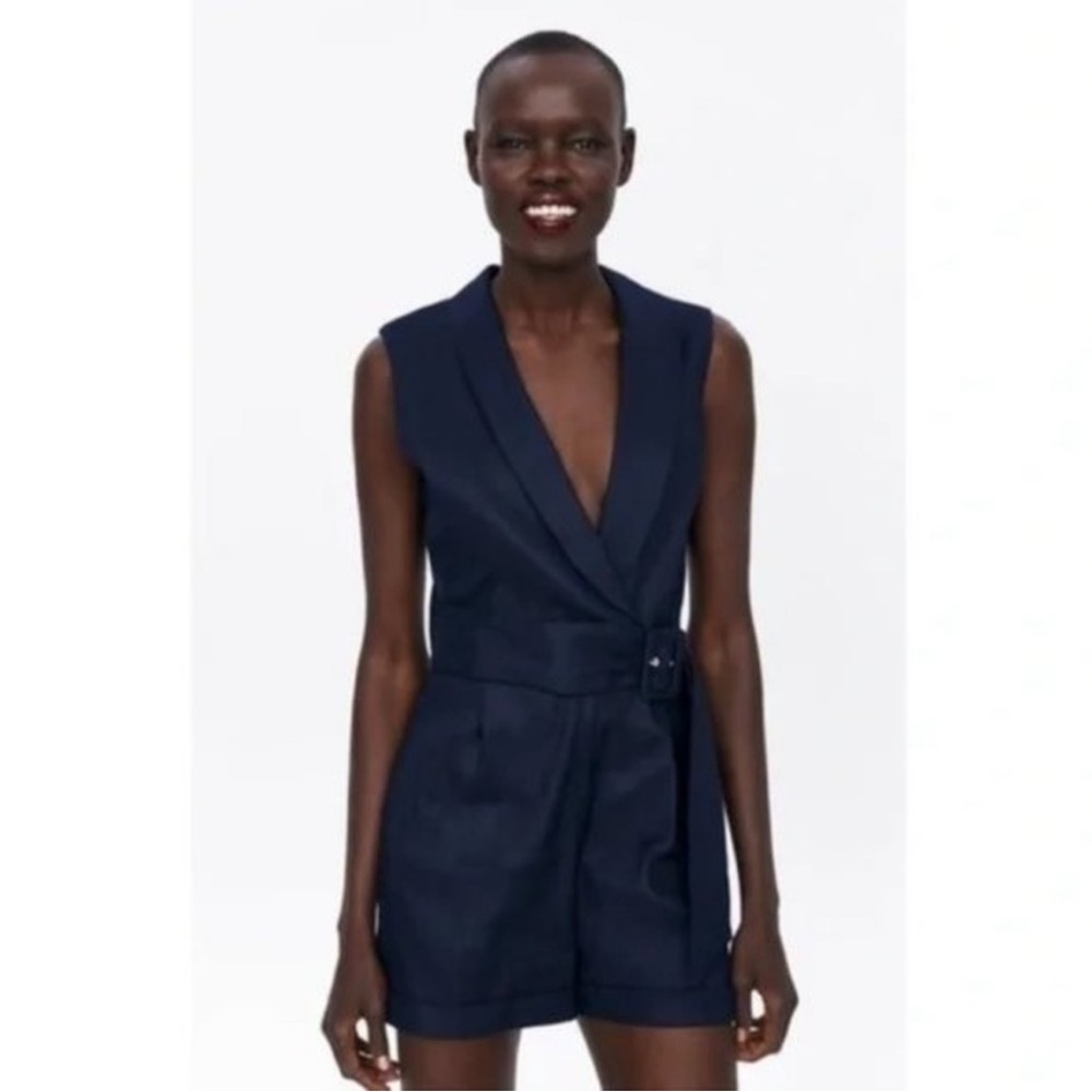 Zara Black/Navy V-Neck Mini Shorts Romper